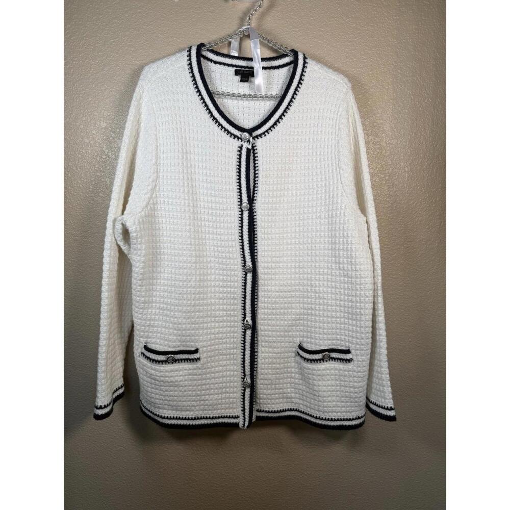 J.Jill Wearever Contrast Trim Textured Sz XL Sweater Jacket White Preppy